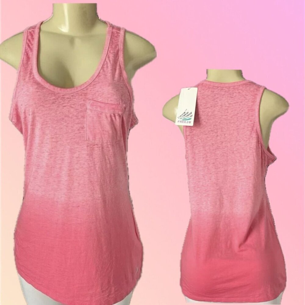 Free 2B XL Pink Heather Ombre Scoop Neckline Chest Pocket Curved Hem Tank Top